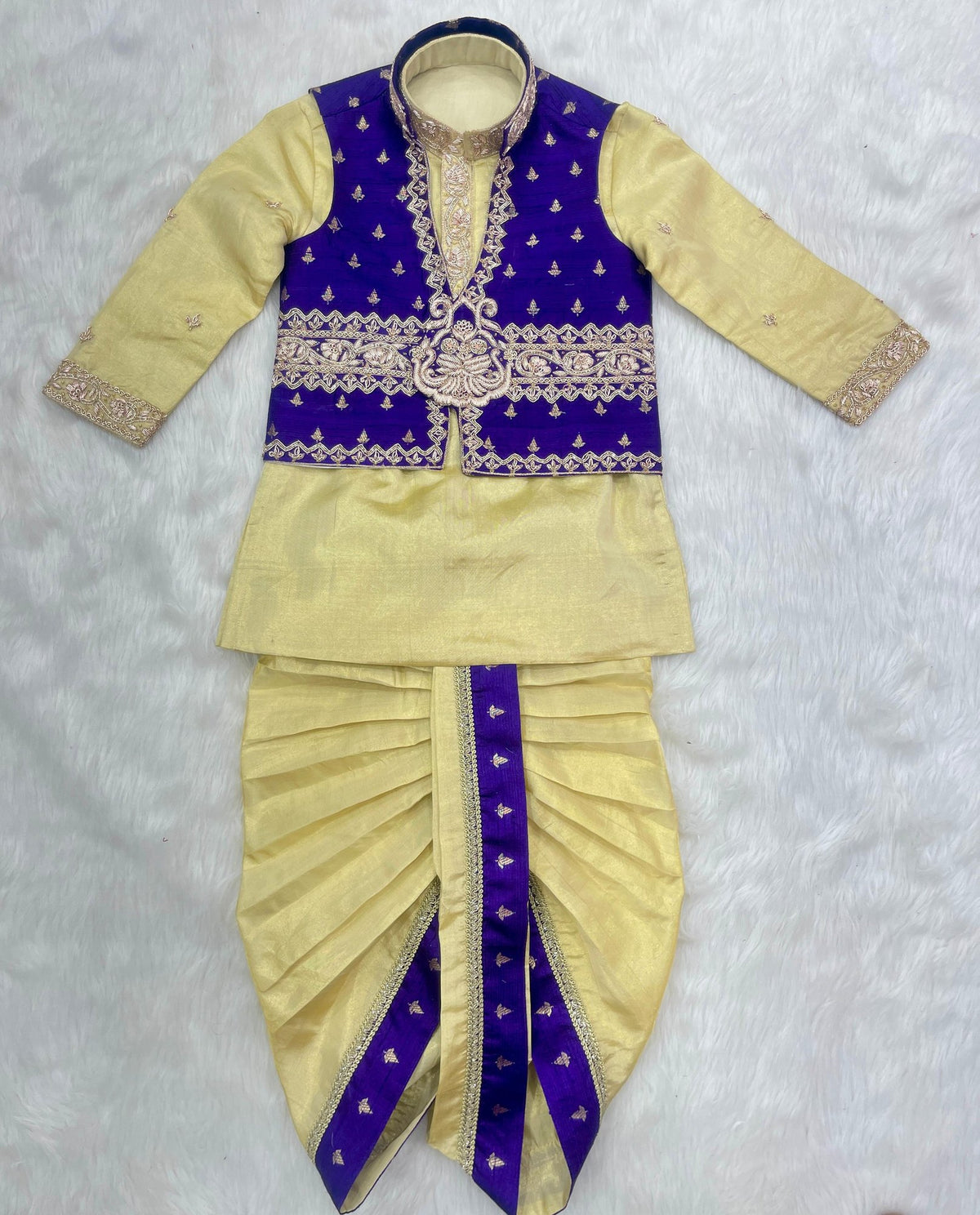 Boys Gold Dhoti Set with Purple Embroidered Jacket