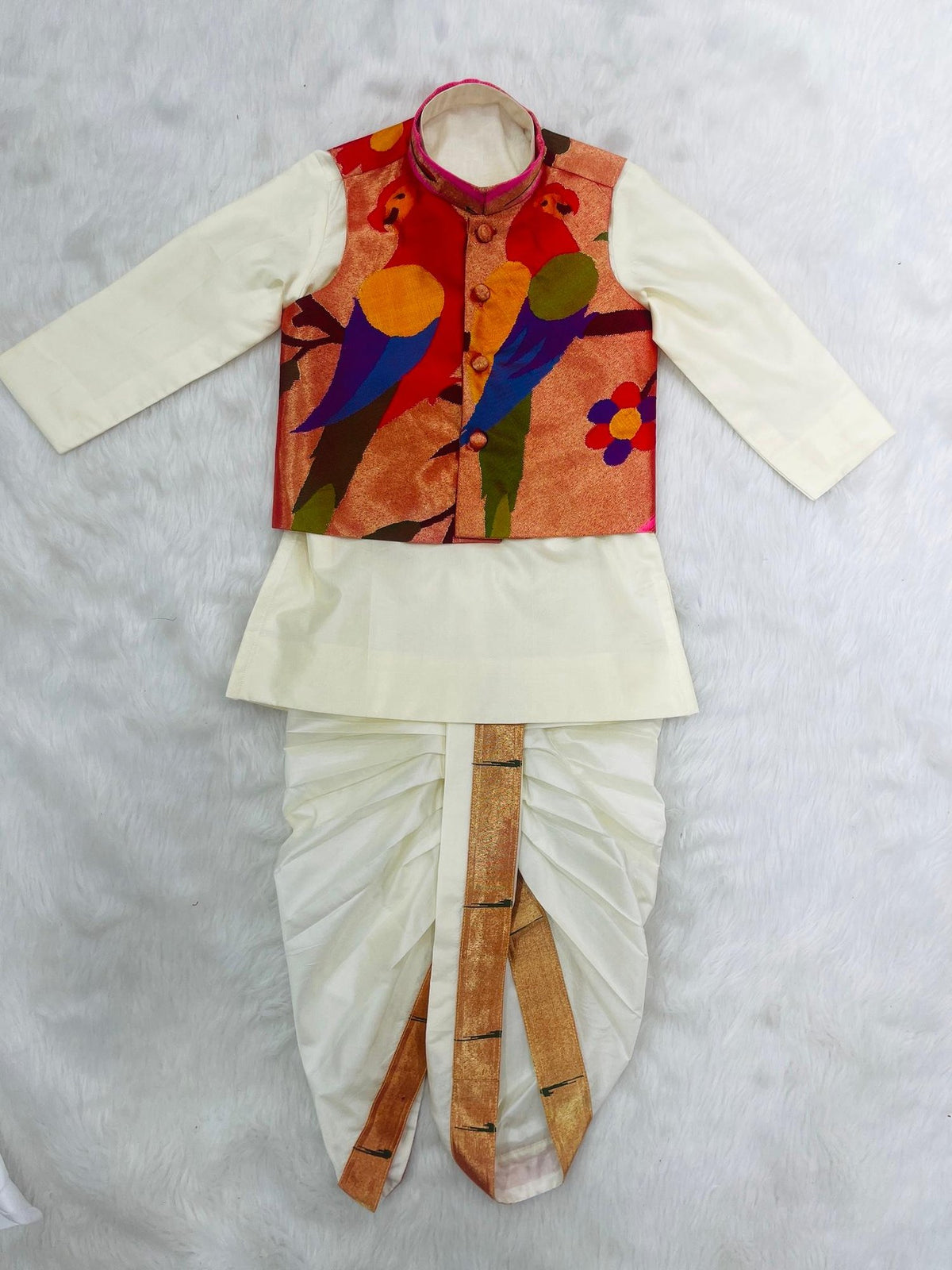 Boys Dhoti Set with Parrot Motif Jacket