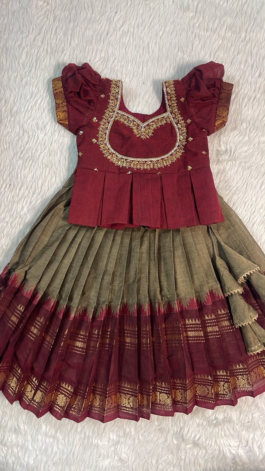 Girls Maroon and Grey Pavadai with Embroidered Blouse