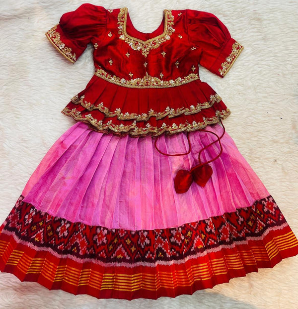 Girls Red Peplum Top with Patola Border Skirt