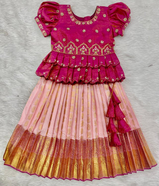 Girls Magenta Peplum Pavadai with Gold Skirt