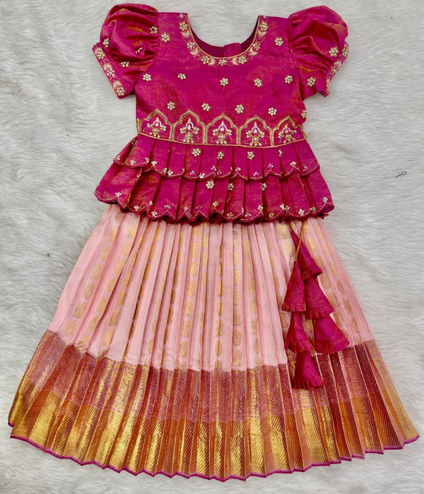 Girls Magenta Peplum Pavadai with Gold Skirt