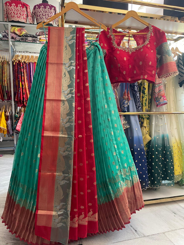 Teal and Red Half Saree Lehenga