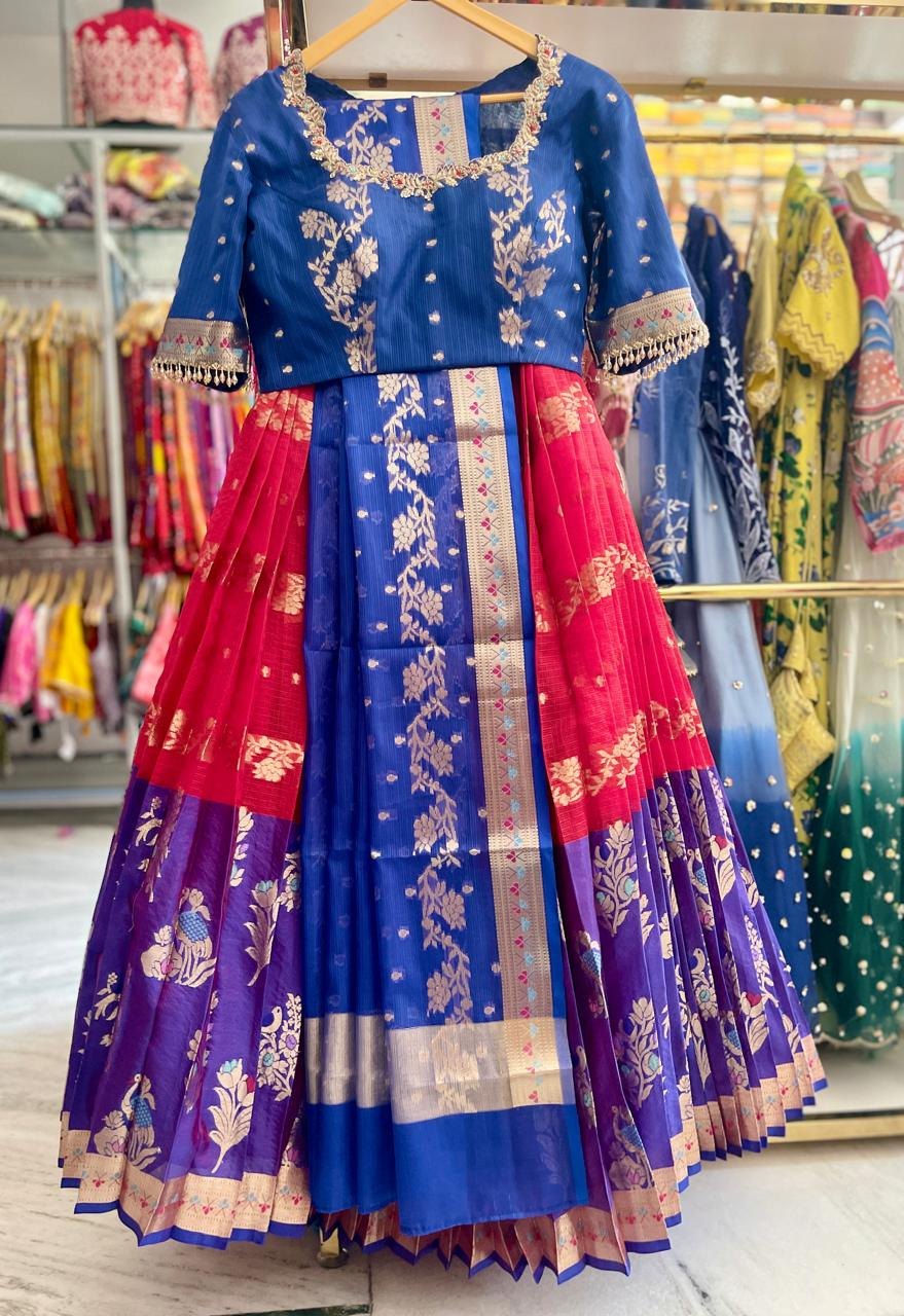 Royal Blue Half Saree Lehenga with Red and Purple Skirt