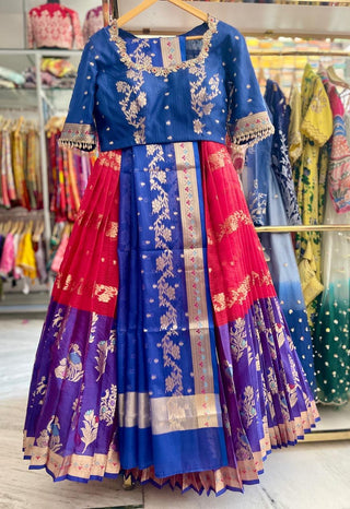 Royal Blue Half Saree Lehenga with Red and Purple Skirt