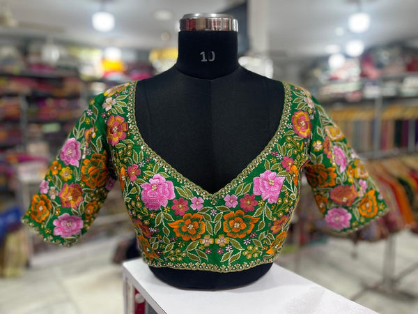 Green Floral Thread Work Blouse