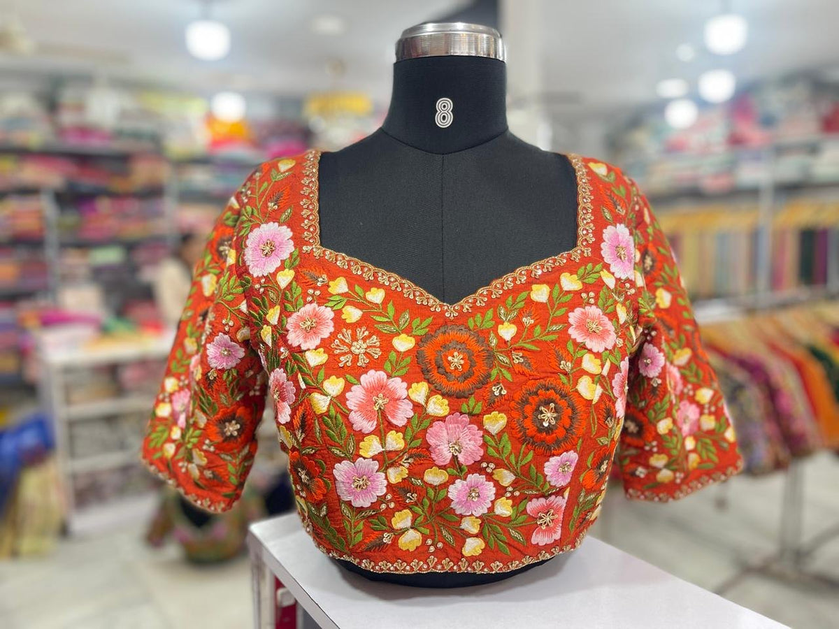 Orange Floral Thread Work Blouse