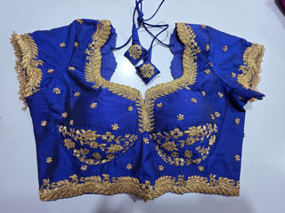 Royal Blue Maggam Blouse with Gold Leaf Work