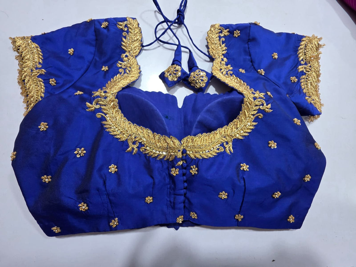 Royal Blue Maggam Blouse with Gold Leaf Work