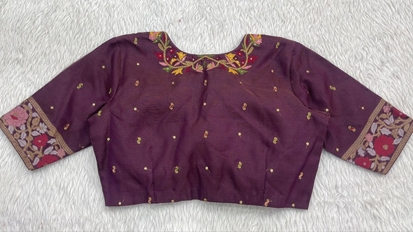 Plum Blouse with Floral Sleeve Work