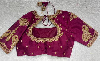 Wine Maggam Blouse with Gold Paisley Work, main view