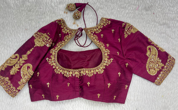 Wine Maggam Blouse with Gold Paisley Work, main view
