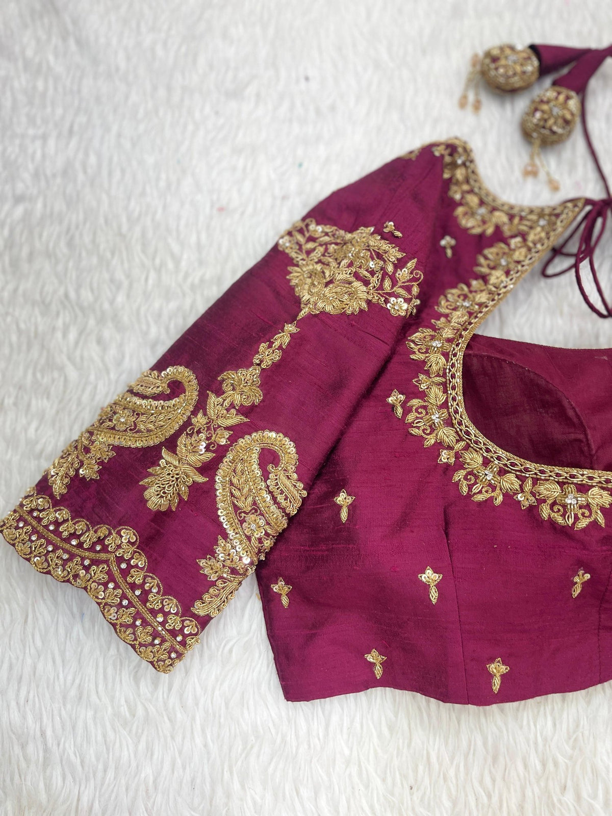 Wine Maggam Blouse with Gold Paisley Work, view 2
