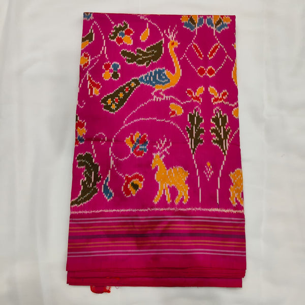 Magenta pink ikat silk saree with deer, peacock and parrot motifs