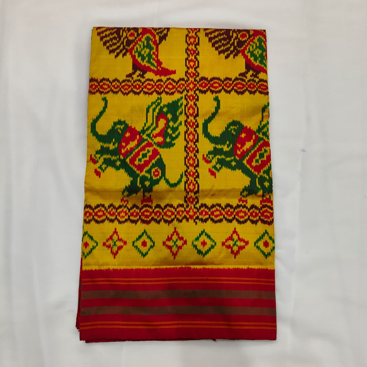 Ikat Saree in Red with Yali and Parrot Pallu, view 1