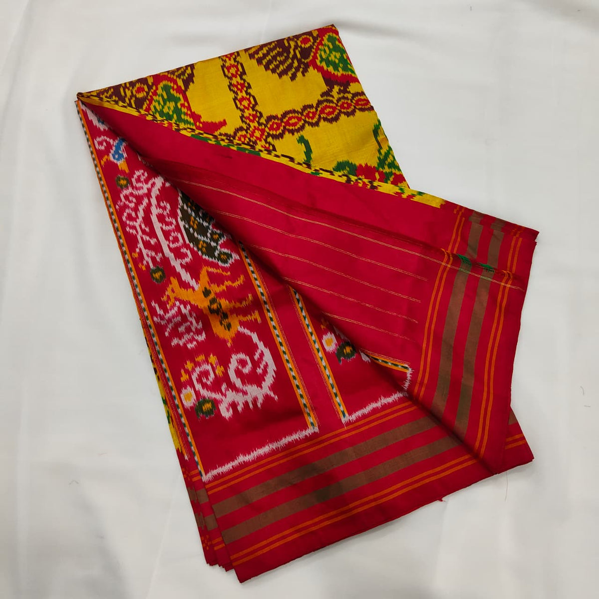 Ikat Saree in Red with Yali and Parrot Pallu, view 2
