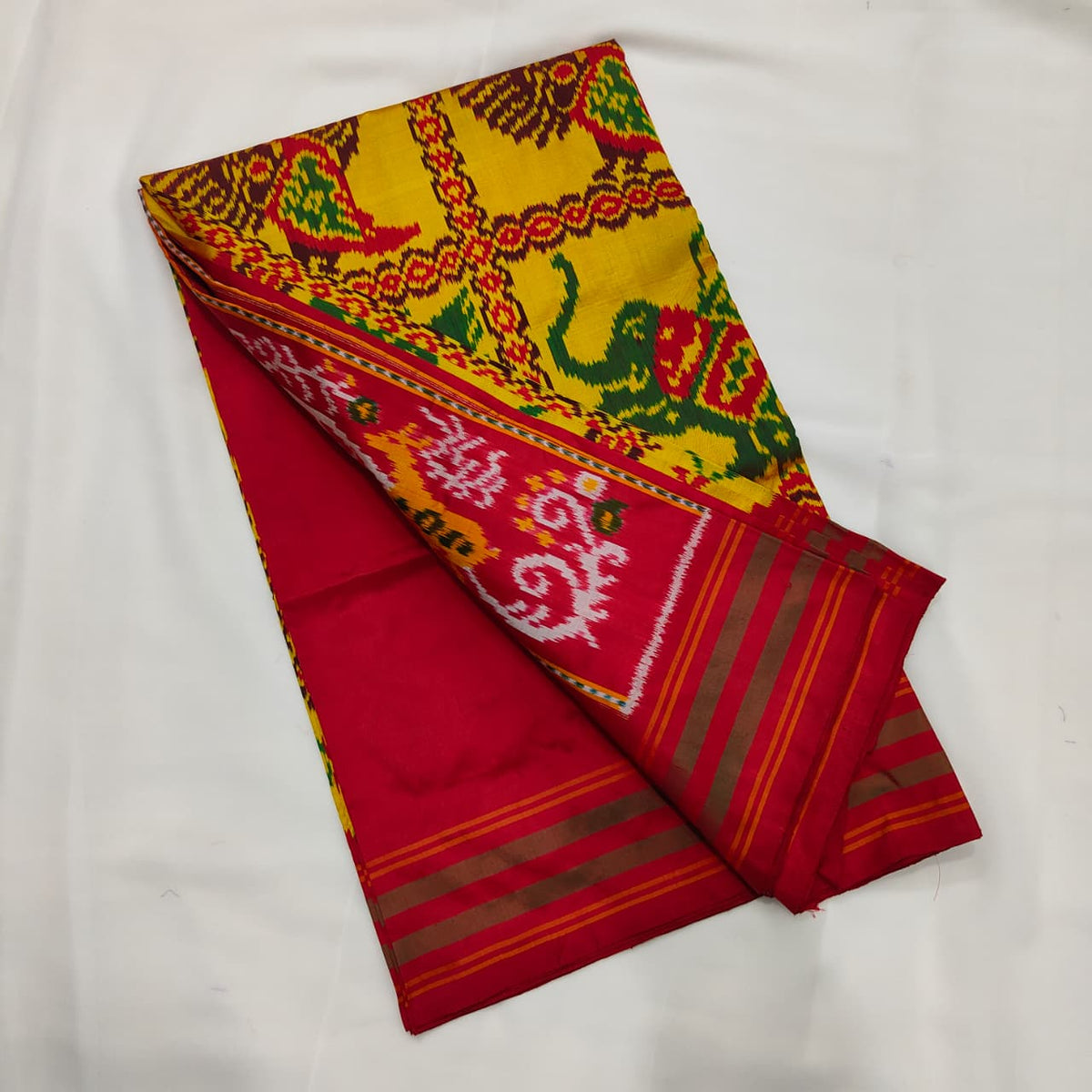 Ikat Saree in Red with Yali and Parrot Pallu, view 3