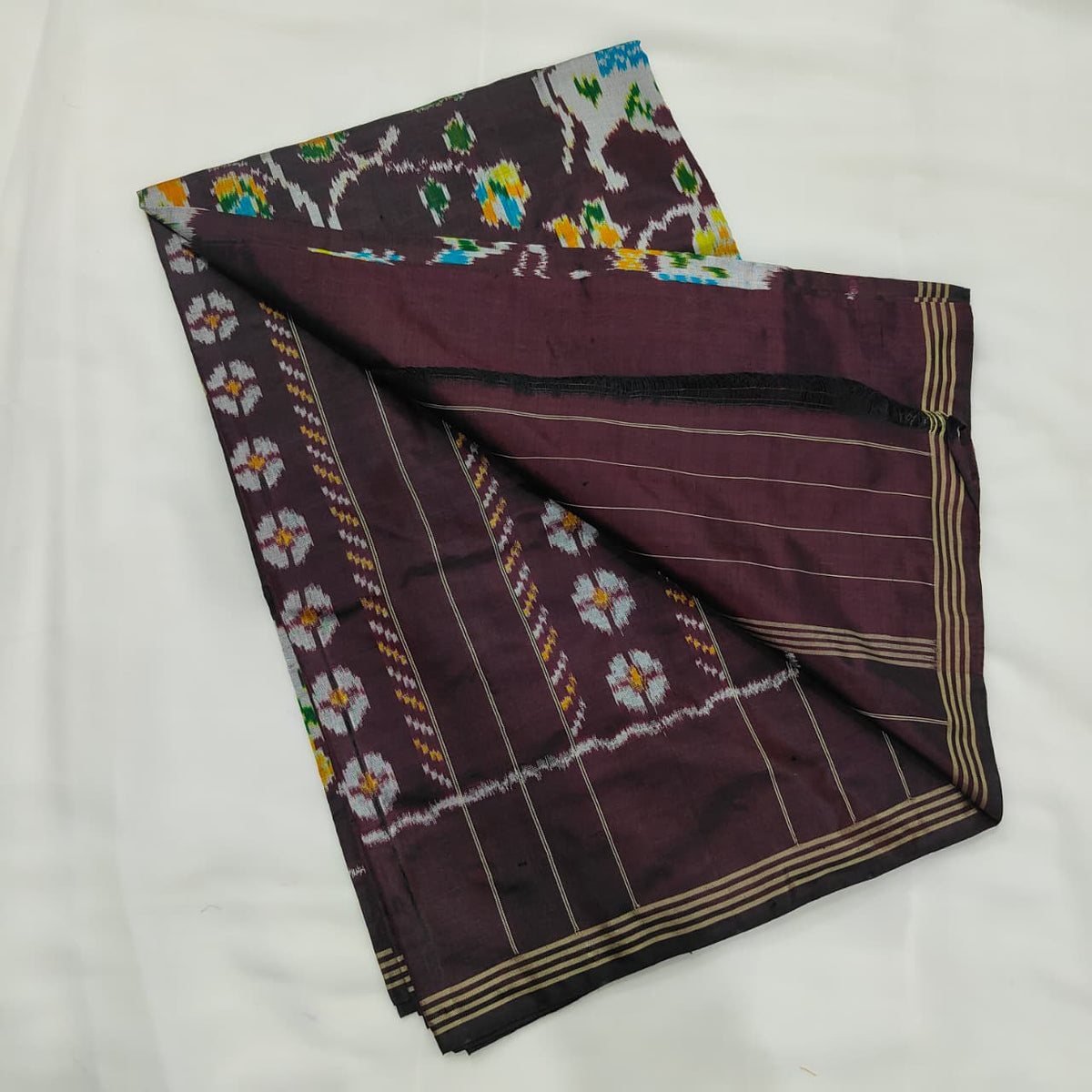Ikat Saree in Aubergine with Cattle and Vine, view 3