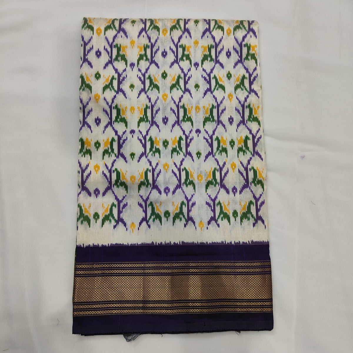 Ikat Saree in Ivory with Violet Zari Border, view 2