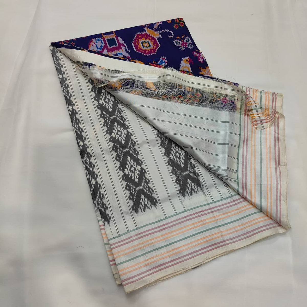 Ikat Saree in Royal Blue with Elephants and Birds, view 3