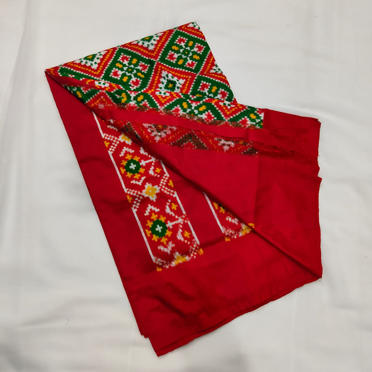 Patola Saree in Red and Green Diamonds, view 3