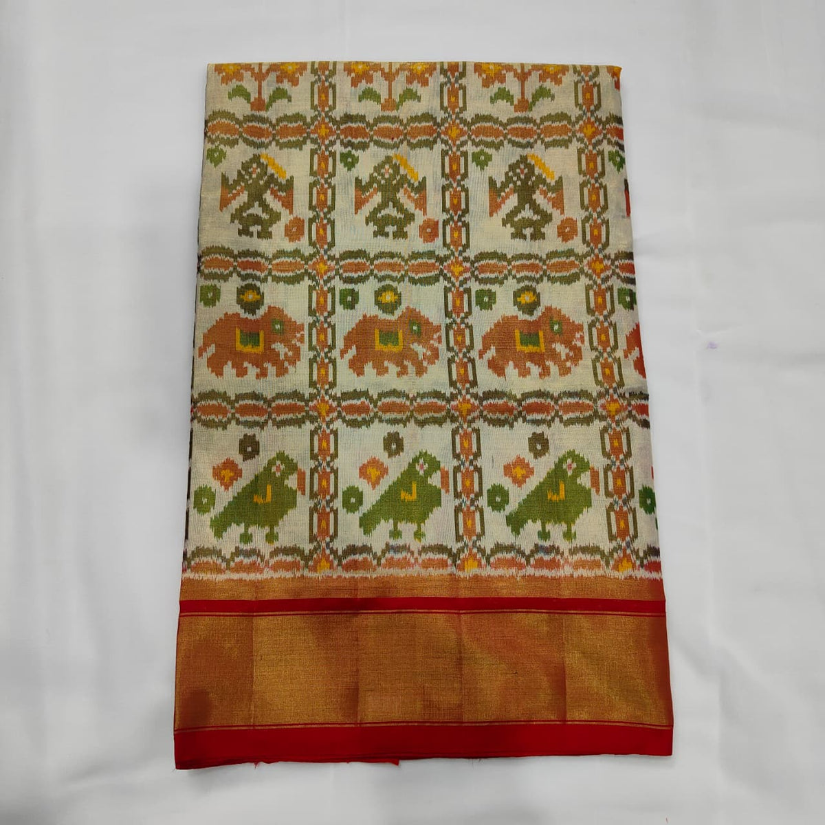 Ikat Saree in Ivory with Elephant and Parrot Bands, view 1