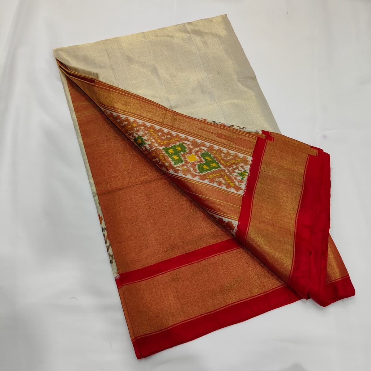 Ikat Saree in Oat with Copper Zari Border, view 3