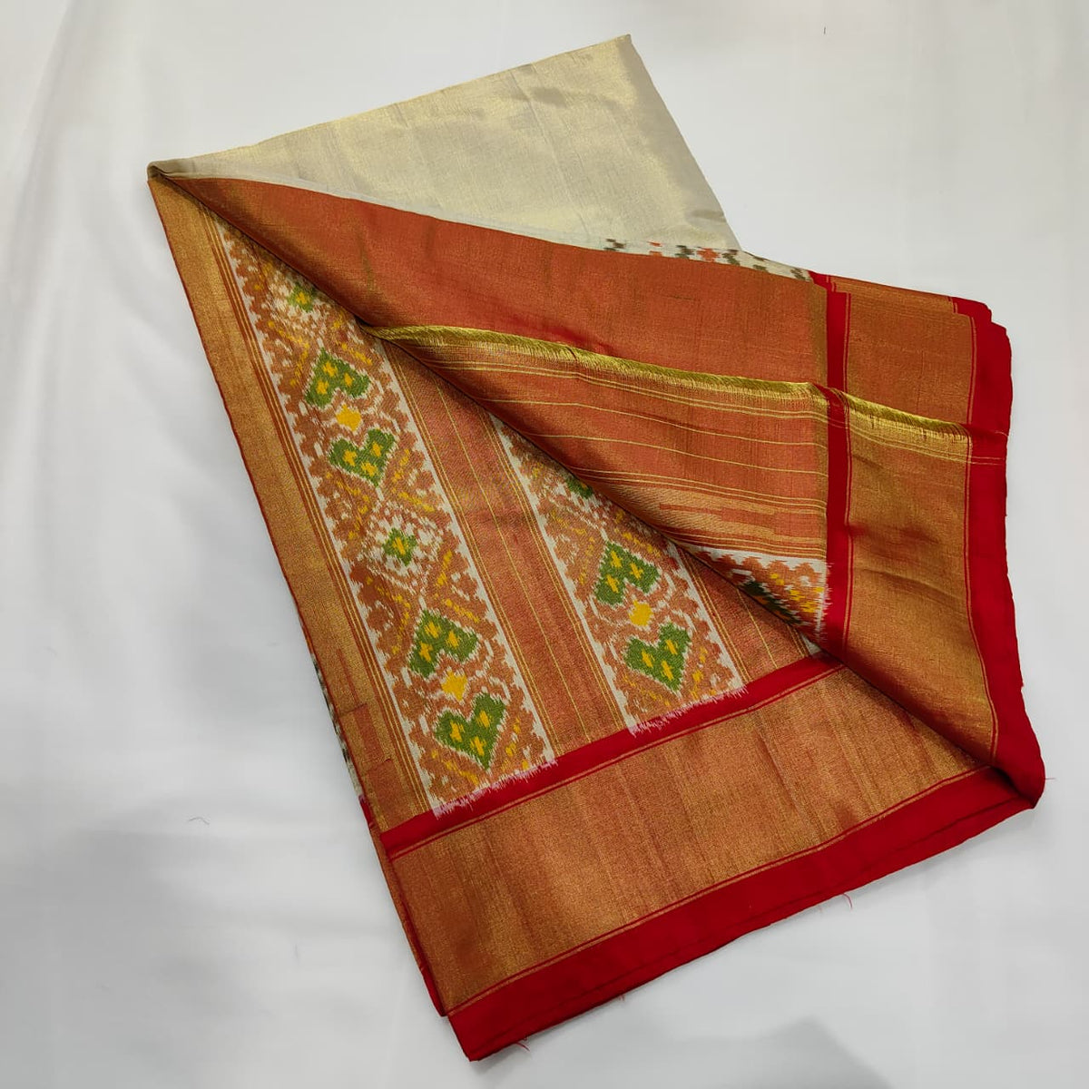 Ikat Saree in Oat with Copper Zari Border, view 4