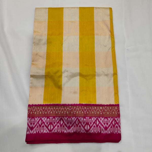 Ikat Saree in Yellow Stripe with Magenta Band, view 1