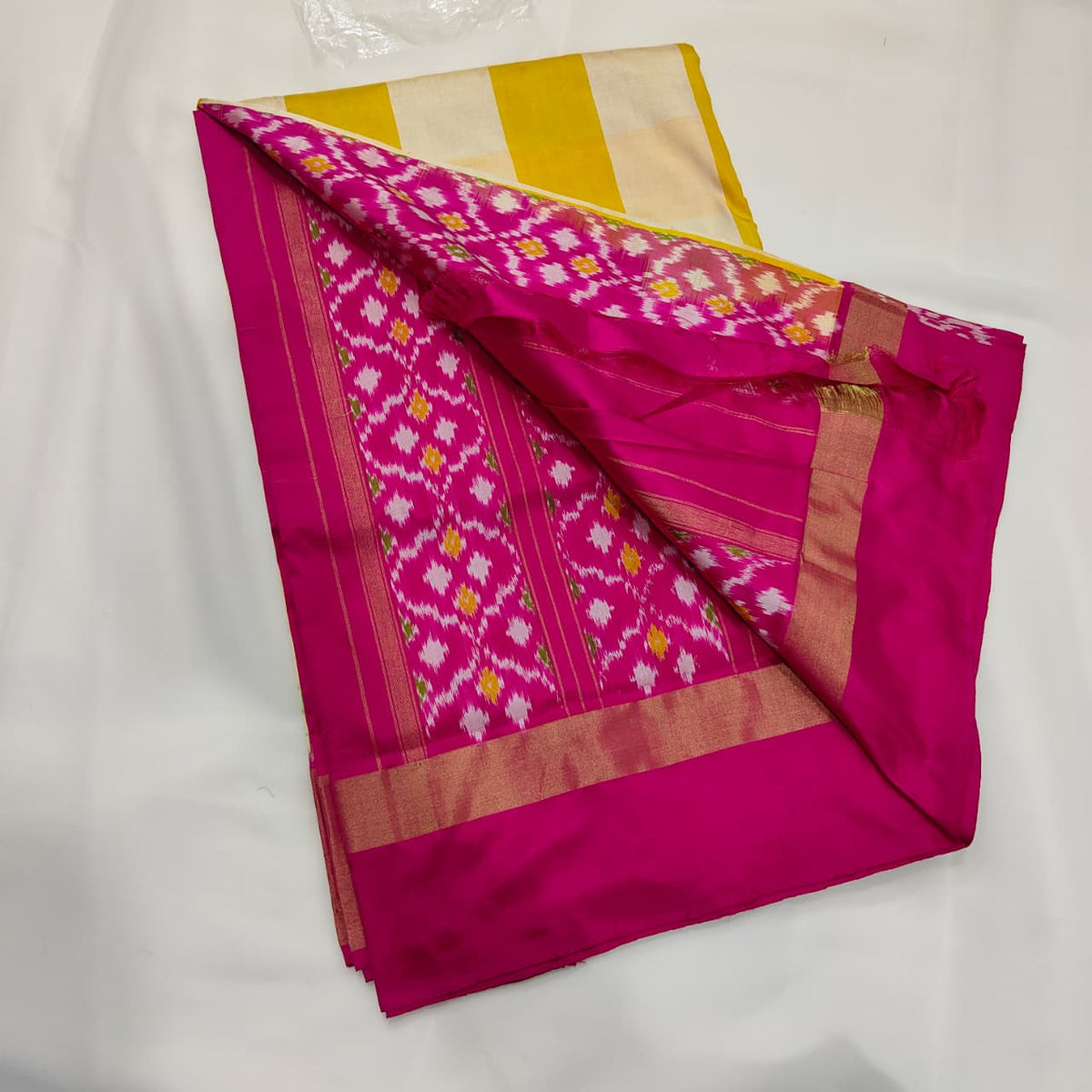 Ikat Saree in Yellow Stripe with Magenta Band, view 2