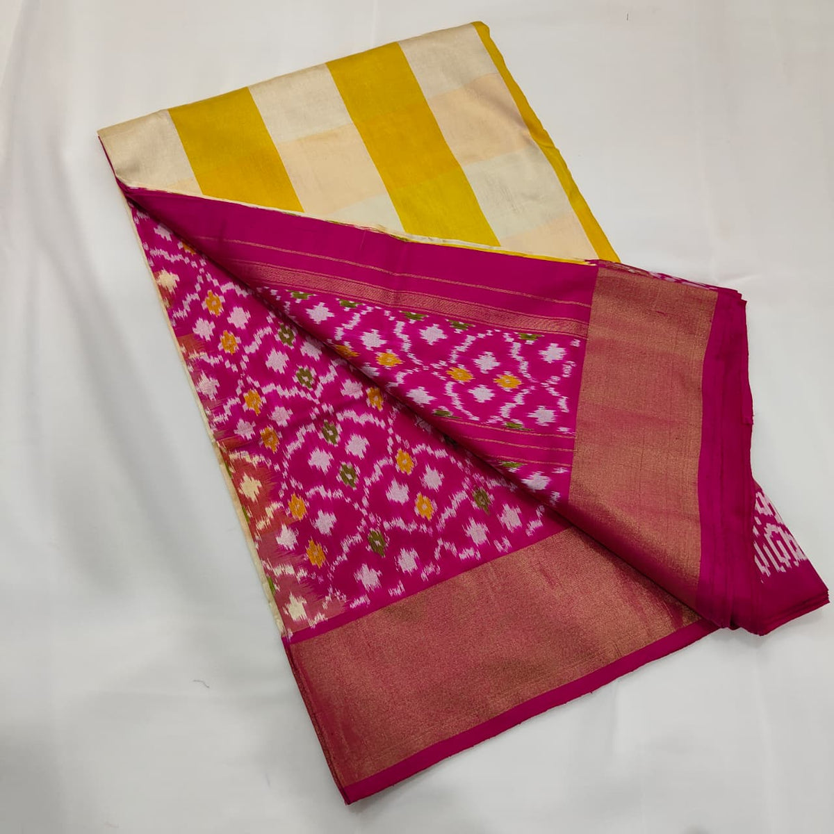 Ikat Saree in Yellow Stripe with Magenta Band, view 3