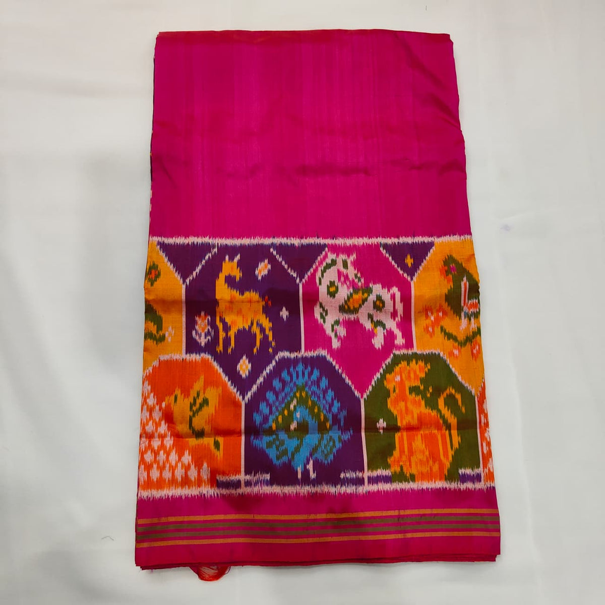 Ikat Saree in Rani Pink with Figured Panel, view 1
