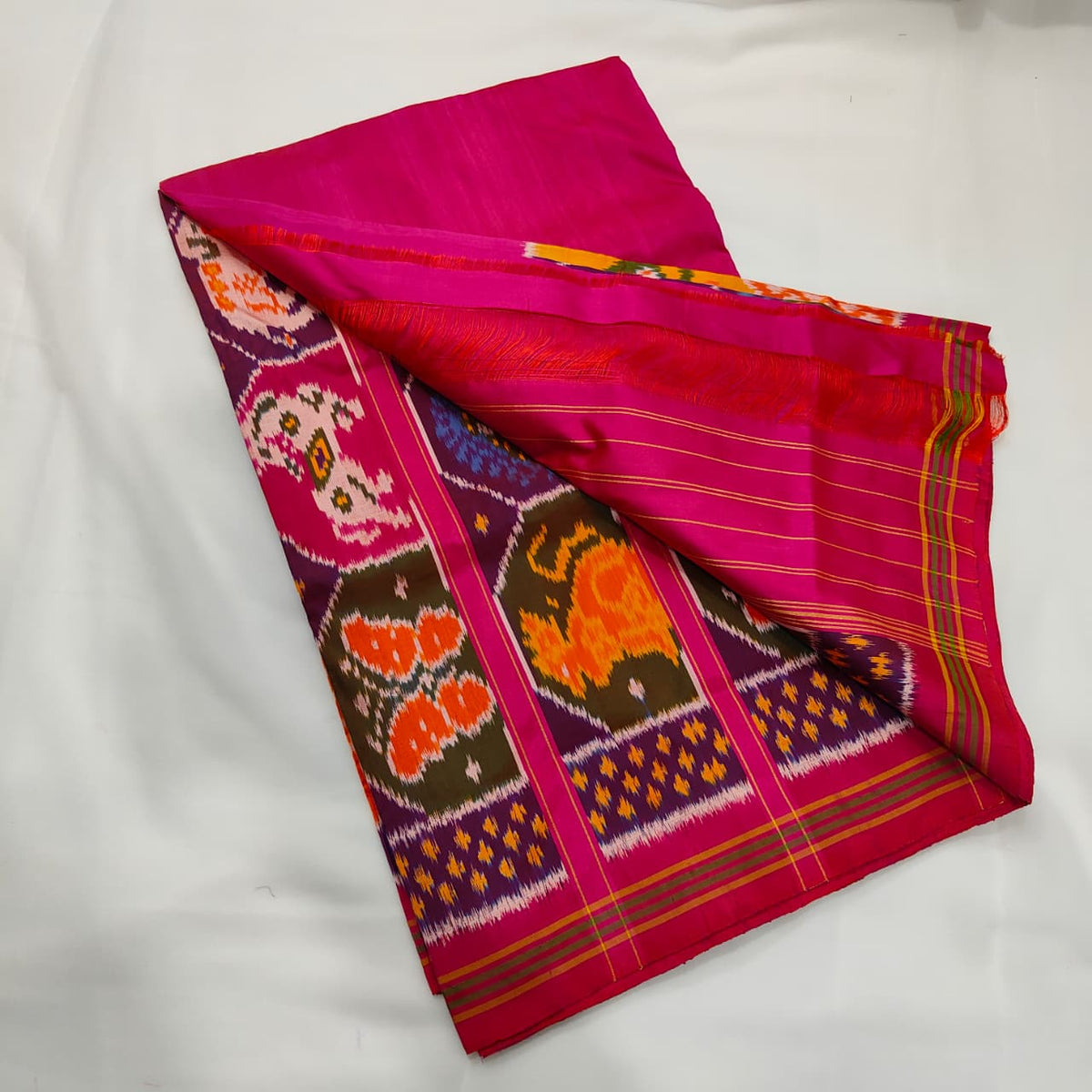 Ikat Saree in Rani Pink with Figured Panel, view 2