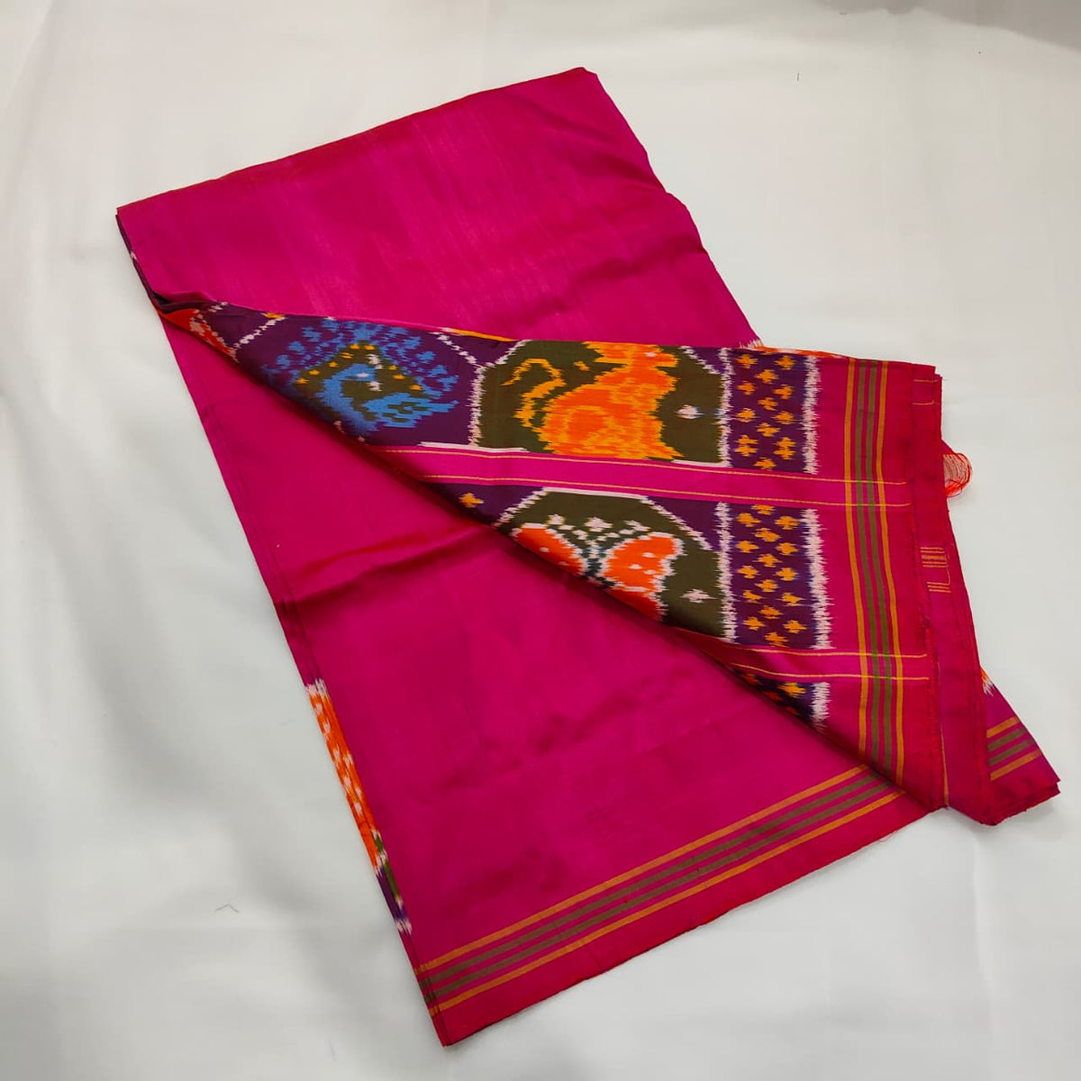 Ikat Saree in Rani Pink with Figured Panel, view 3