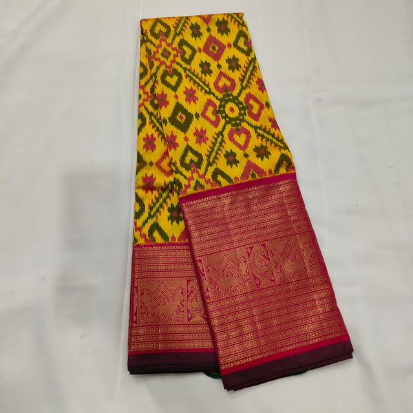 Ikat Saree in Yellow with Magenta Zari Border, view 1