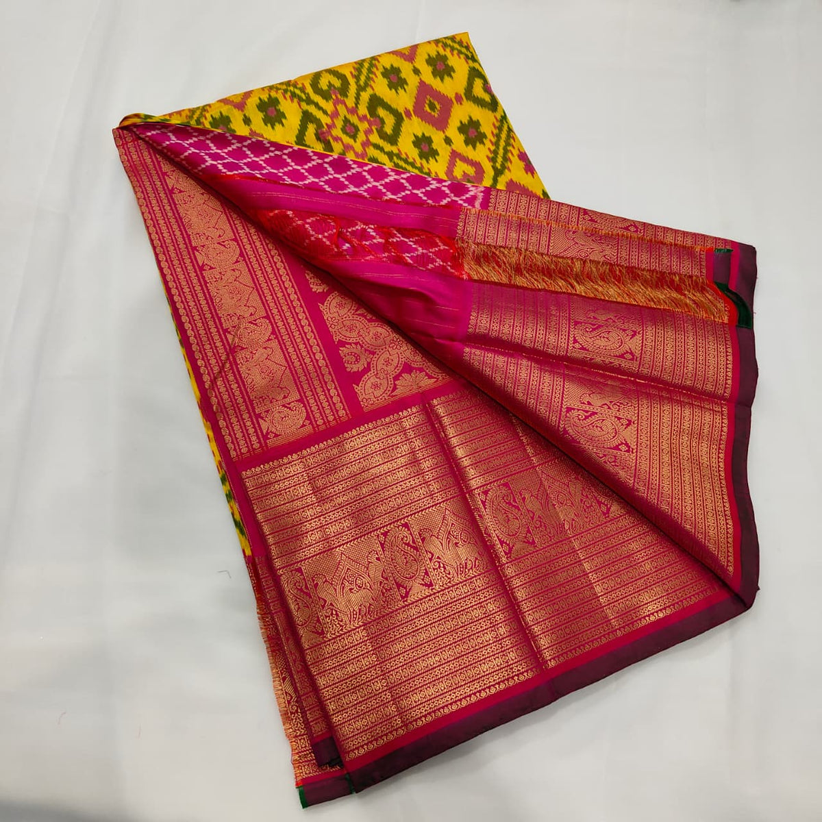 Ikat Saree in Yellow with Magenta Zari Border, view 2