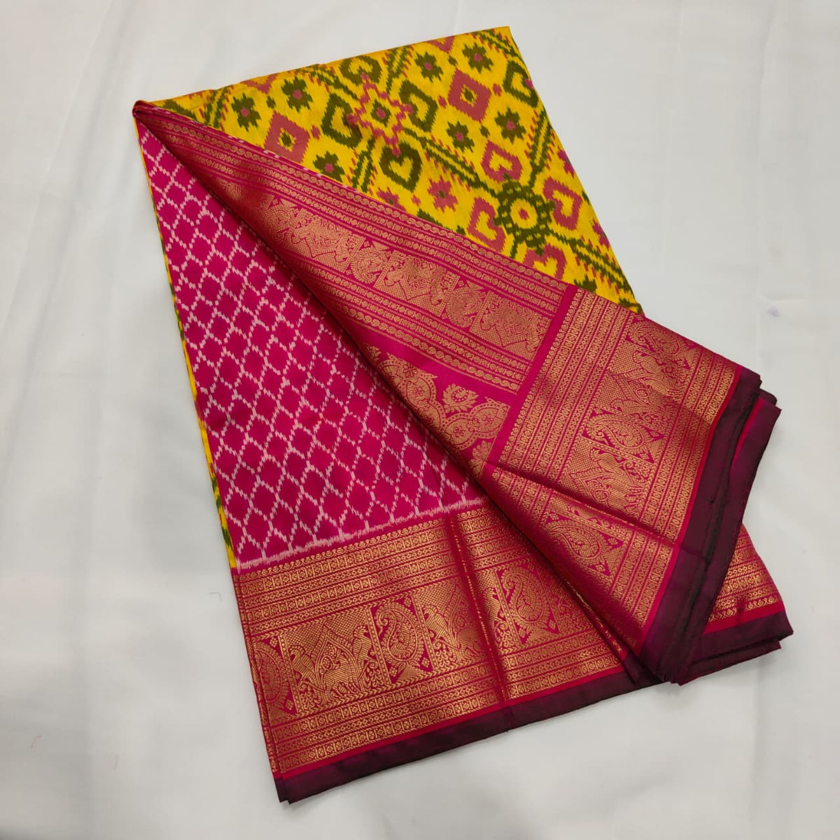 Ikat Saree in Yellow with Magenta Zari Border, view 3