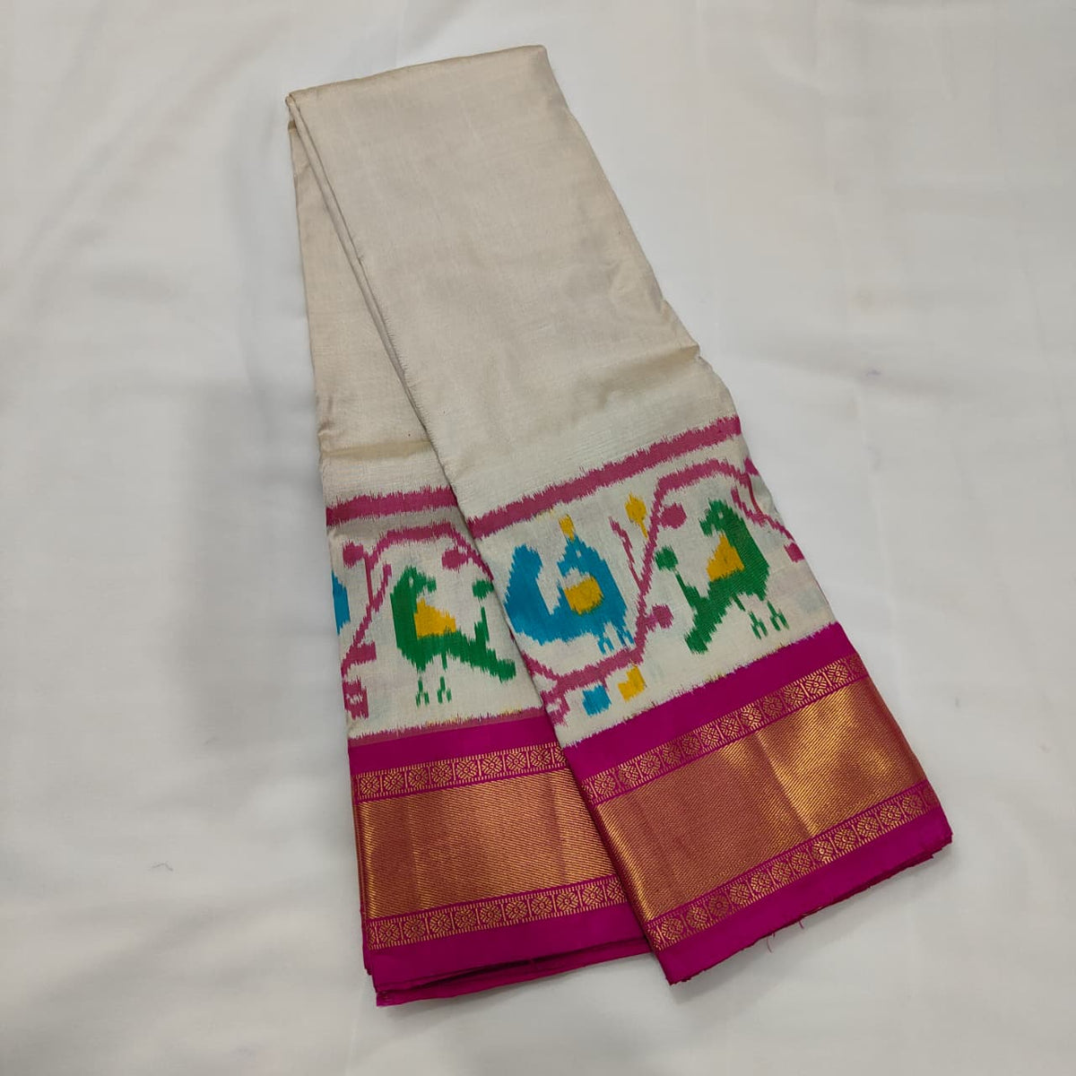 Ikat Saree in Ivory with Parrot Band, view 1