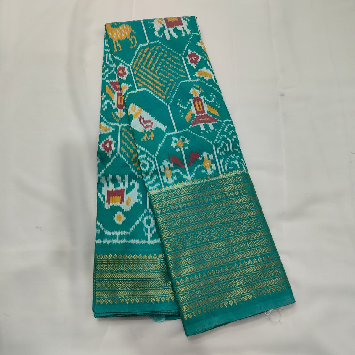 Ikat Saree in Teal with Elephants and Figures, view 1