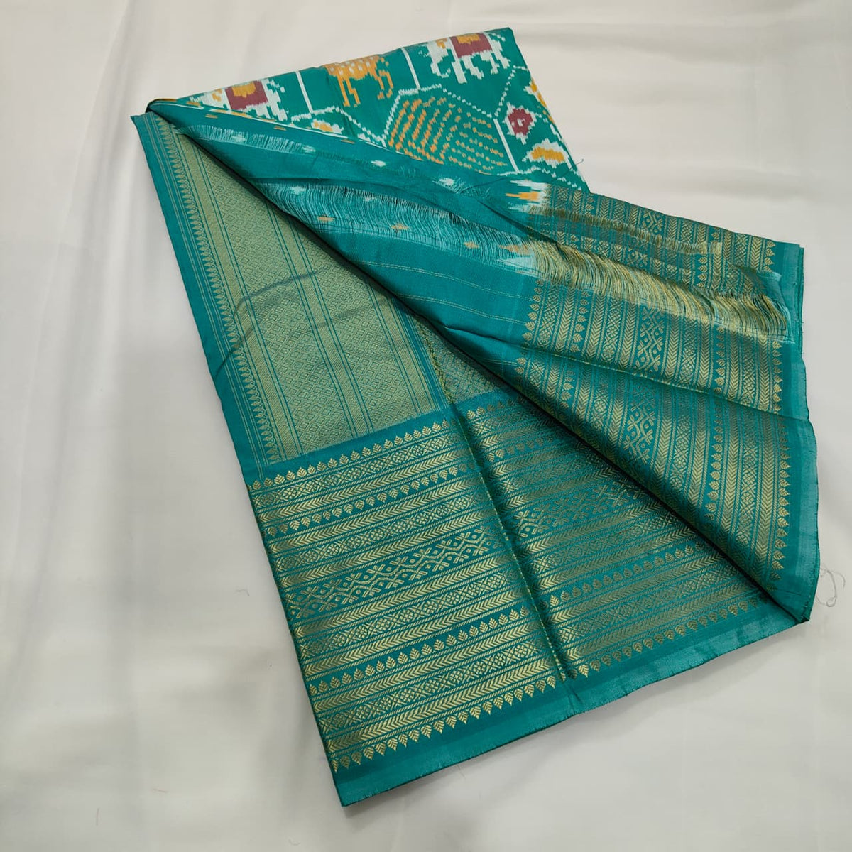 Ikat Saree in Teal with Elephants and Figures, view 3