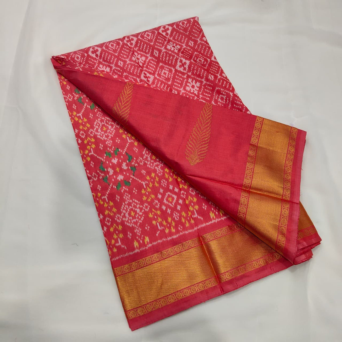 Ikat Saree in Coral with Ivory Motifs, view 2