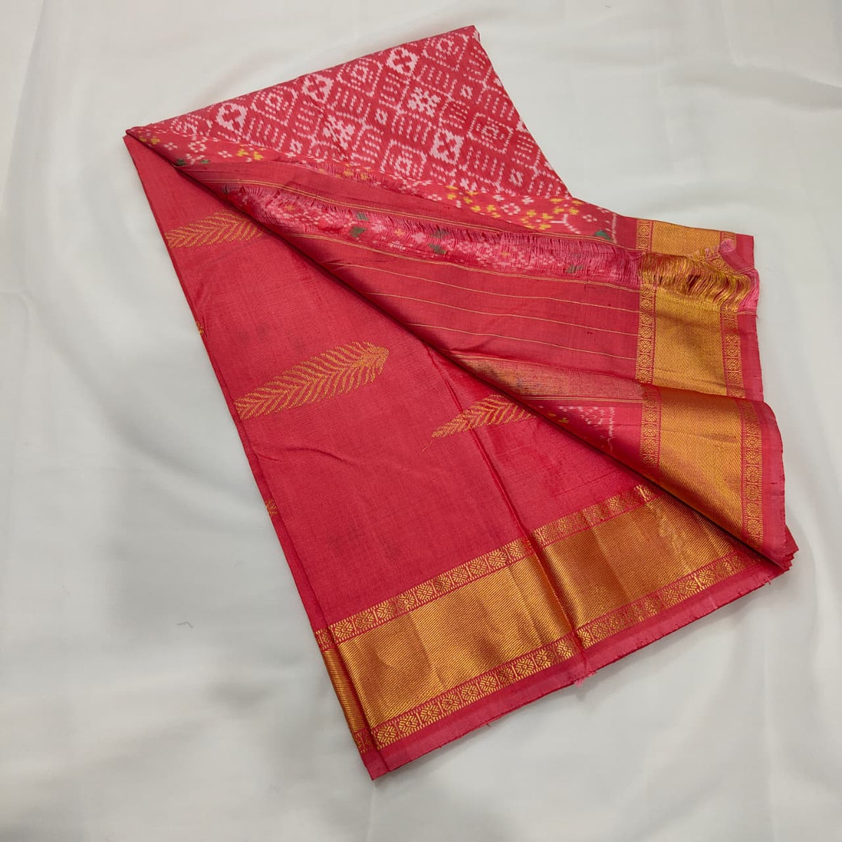 Ikat Saree in Coral with Ivory Motifs, view 3