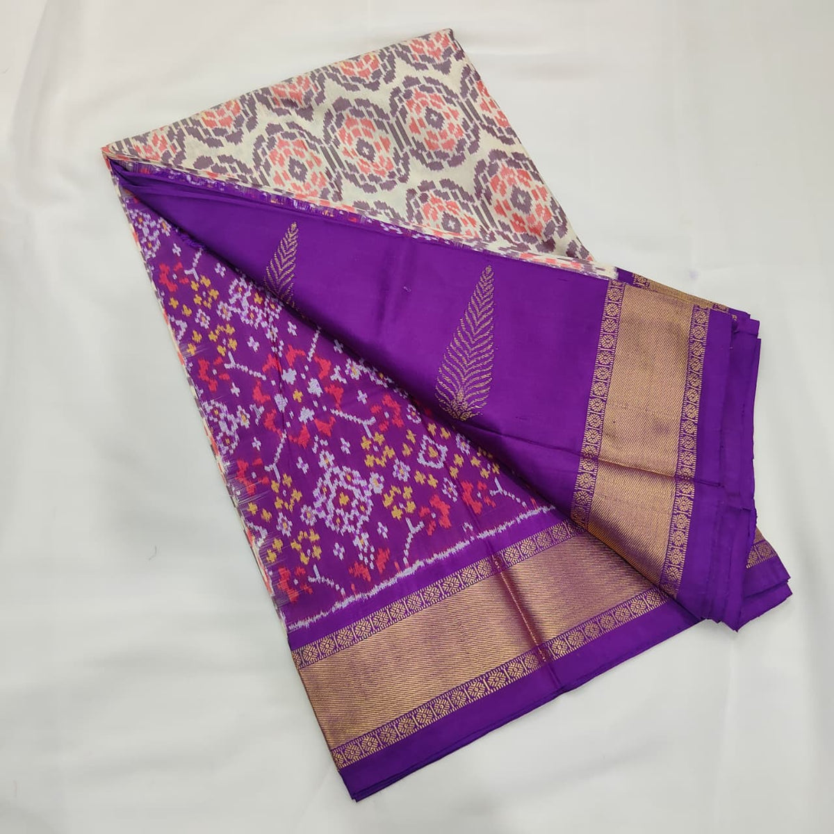 Ikat Saree in Ivory with Violet Zari Border, view 1