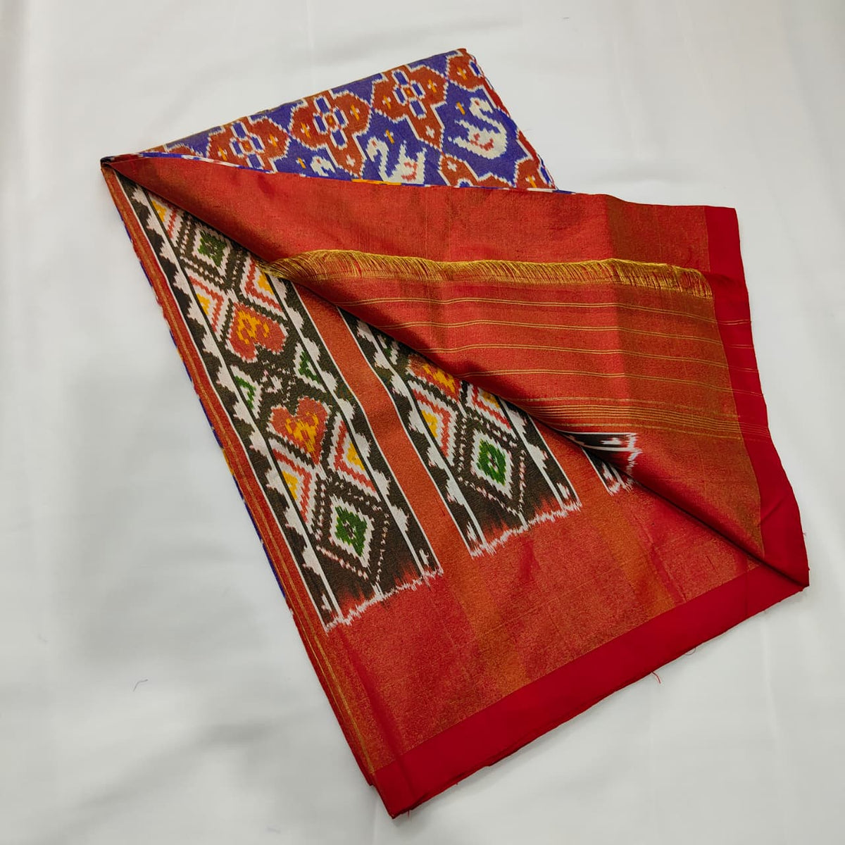 Patola Saree in Blue with Amber Elephants, view 3