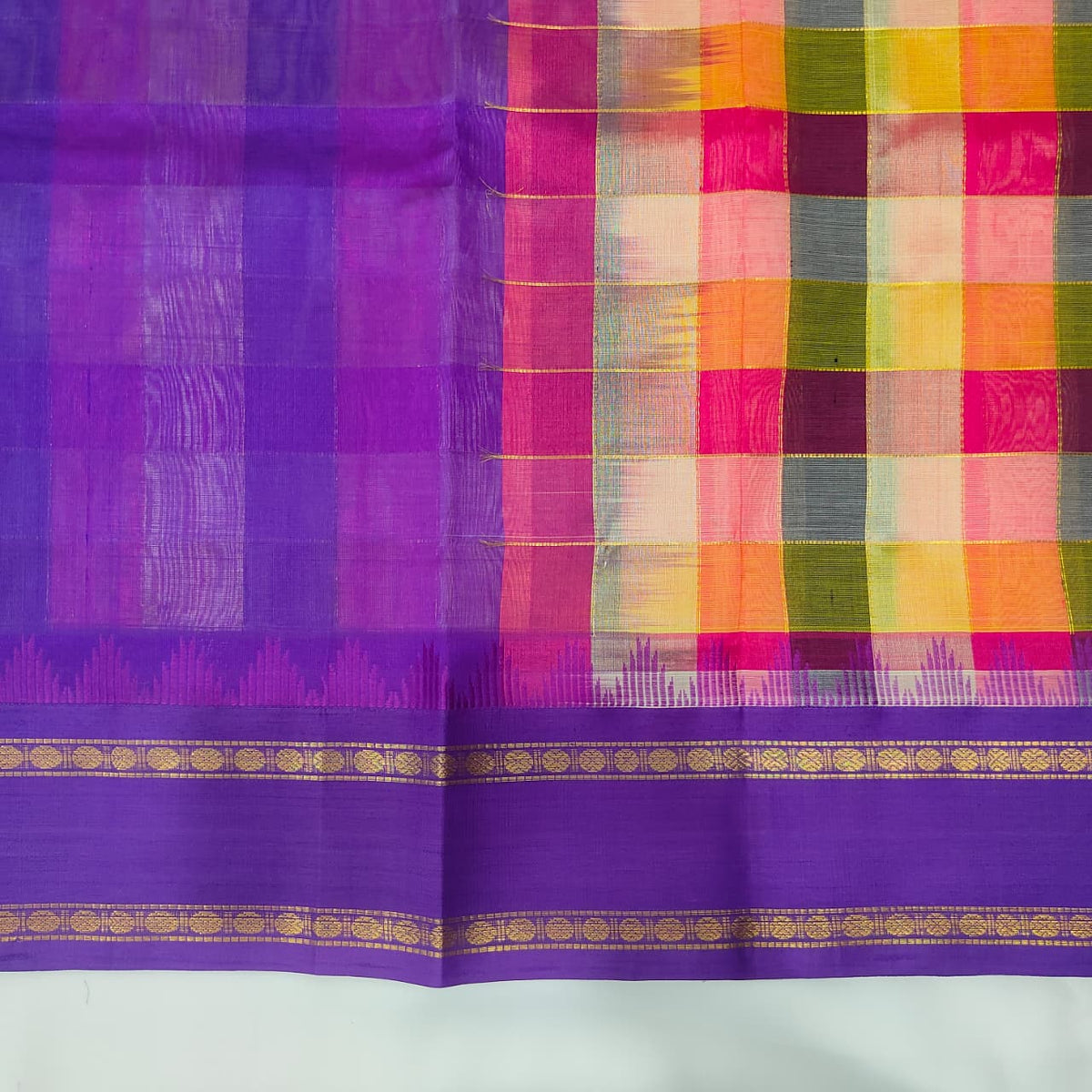 Kuppadam Saree in Multicolour Checks with Purple Border, view 2