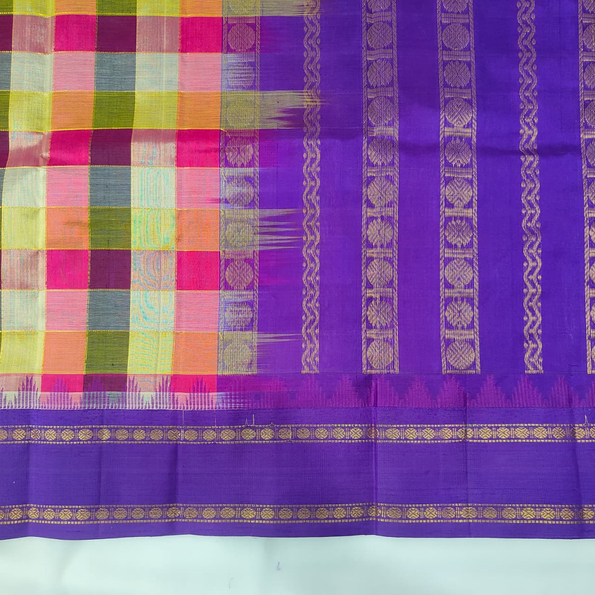 Kuppadam Saree in Multicolour Checks with Purple Border, view 3