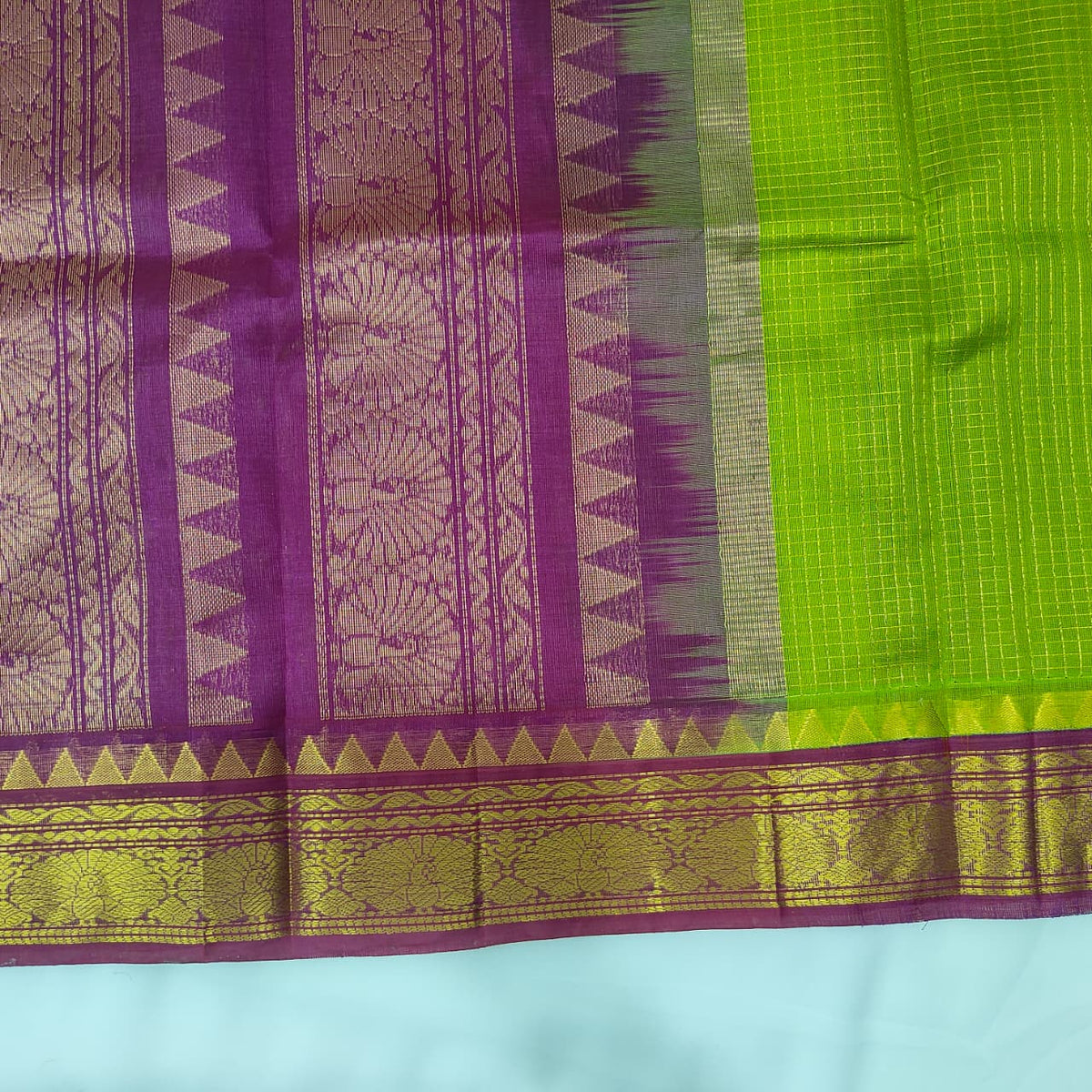Kuppadam Saree in Parrot Green with Purple Pallu, view 3