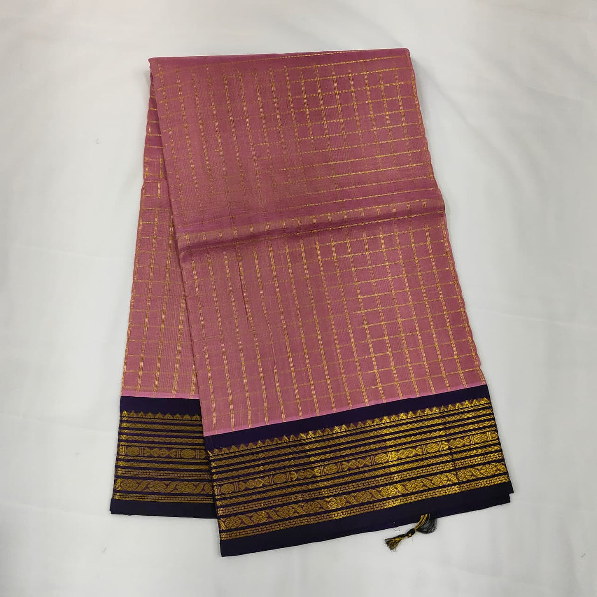 Kuppadam Saree in Dusty Pink Checks with Navy Border, view 1