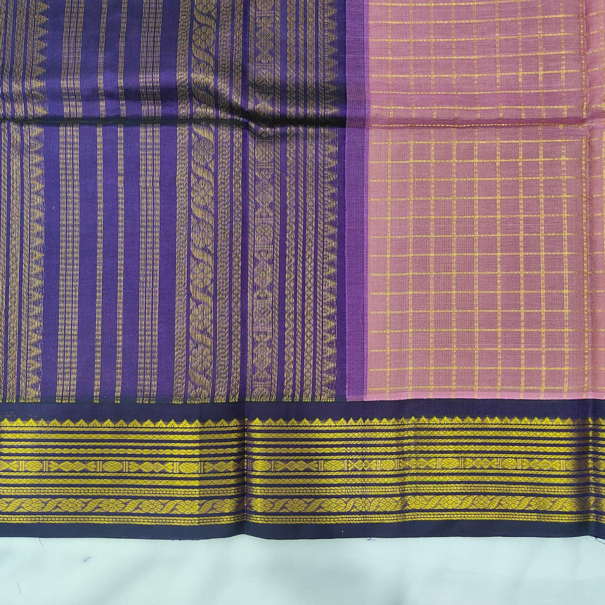 Kuppadam Saree in Dusty Pink Checks with Navy Border, view 3