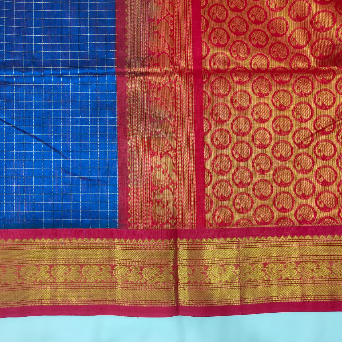 Kuppadam Saree in Royal Blue Checks with Pink Border, view 3